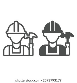 Builder man and hammer line and solid icon, construction concept. Vector graphics. Worker with hammer tool sign on white background, outline style icon for mobile or web design