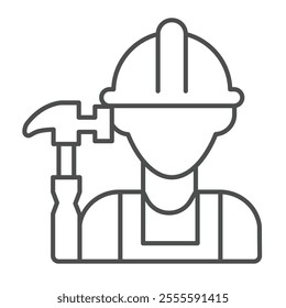 Builder man and hammer thin line icon, construction concept. Vector graphics. Worker with hammer tool sign on white background, outline style icon for mobile or web design