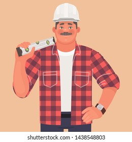 Builder. A man in a hard hat and working clothes keeps building level. Construction site foreman. Vector illustration in cartoon style