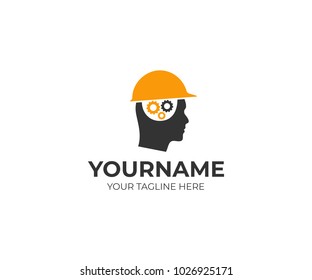 Builder man in a helmet and a brain of gears logo template. Man thinks over a construction project vector design. Head of a man in a construction helmet illustration