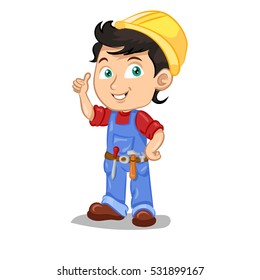 builder man in helmet with instruments