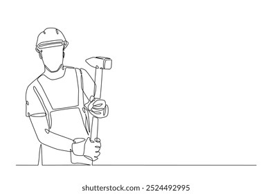 Builder man holding hammer in continuous one line drawing. construction worker single line art illustration. Editable vector.