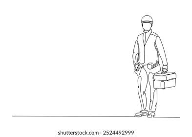 Hombre constructor que sostiene la caja de herramientas en un dibujo continuo de una línea. trabajador de construcción ilustración de arte de una sola línea. Vector editable.
