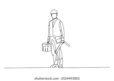 Builder man holding tool box in continuous one line drawing. construction worker single line art illustration. Editable vector.