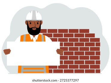 Homem construtor segurando uma folha branca de papel para texto. Tijolo ao lado dele. Ilustração em plano vetorial