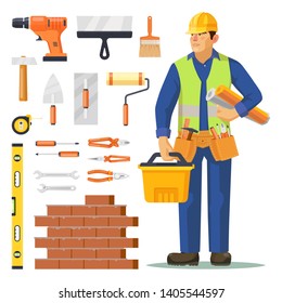 Builder man and icons for building construction. Set of isolated electrical drill and spatula, paint and roller brush, pliers and hammer, ruler and brick wall, trowel, tape measure, screwdriver.Worker