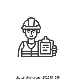 Builder man line icon. linear style sign for mobile concept and web design. Construction worker with paper clipboard outline vector icon. Symbol, logo illustration. Vector graphics