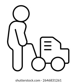 Builder man with manual asphalt roller thin line icon, making road concept. Vector graphics. Man with roller, construction sign on white background, style mobile or design