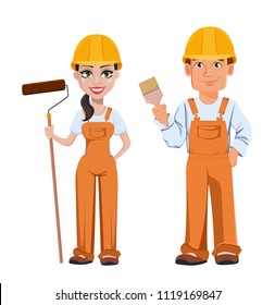 Builder man and woman in uniform, cartoon characters. Professional construction workers. Smiling repairman with paint brush and woman with paint roller. Vector illustration
