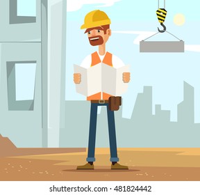 Builder man worker character on construction read plane. Vector flat cartoon illustration