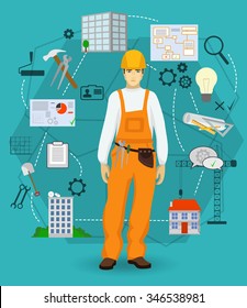 Builder man worker concept with flat icons. Construction and building professions.