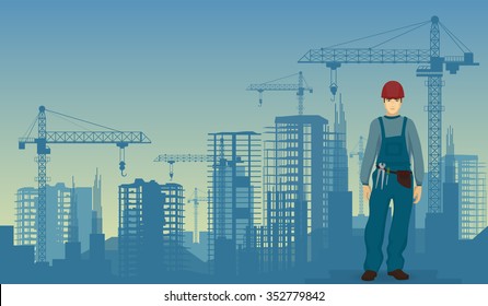 Builder man worker on the under construction buildings background