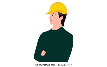 Builder, man in yellow helmet, in profile - isolated on white background - art vector.