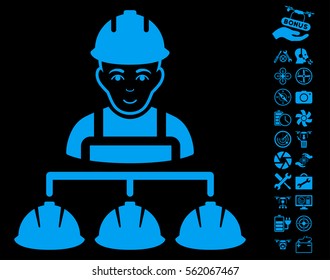 Builder Management icon with bonus airdrone tools symbols. Vector illustration style is flat iconic blue symbols on black background.