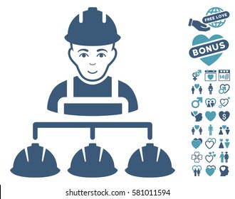 Builder Management icon with bonus amour images. Vector illustration style is flat iconic cyan and blue symbols on white background.