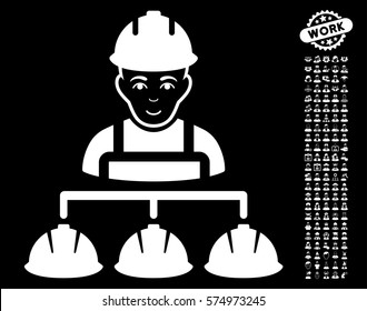 Builder Management icon with bonus avatar pictures. Vector illustration style is flat iconic white symbols on black background.