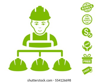 Builder Management icon with free bonus pictograms. Vector illustration style is flat iconic symbols, eco green color, white background.