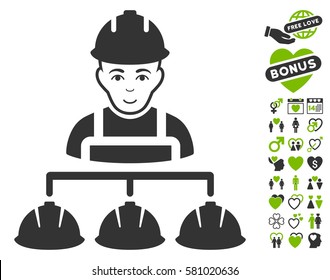 Builder Management pictograph with bonus decorative symbols. Vector illustration style is flat iconic eco green and gray symbols on white background.