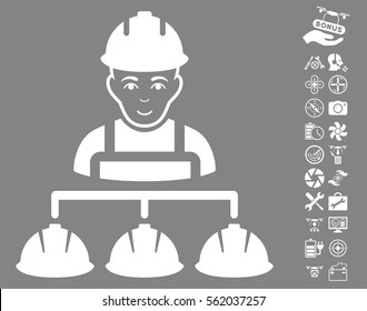 Builder Management pictograph with bonus quad copter service clip art. Vector illustration style is flat iconic white symbols on gray background.