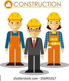 Builder manager, man and woman worker in protective wear and helmets in flat style