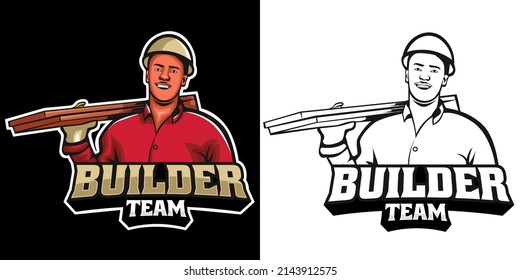 Caricatura con el logotipo de la mascota Builder . Aumenta el tono del personaje del constructor. plantilla de logotipo para cualquier arquitectura de identidad empresarial, propiedades, bienes inmuebles, soluciones de vivienda, puesta en escena en el hogar, ingenieros de construcción, etc