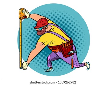 Builder with measuring tape. Renovation and construction. Comics caricature illustration drawing - Powered by Shutterstock - Get 15% off with code: PIKWIZARD15