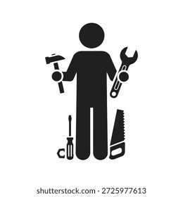 Builder mechanic icon standing holding hammer wrench tools for construction repair industrial worker maintenance service and fixing