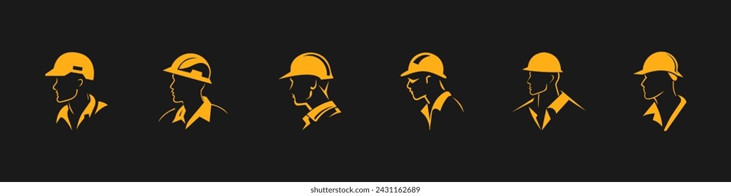 A builder, mechanic or tech man side profile. Work man in helmet or maintenance worker side profile silhouette. A builder, mechanic, plumber or electrician icon. Vector set