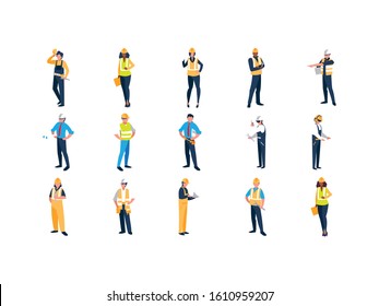 Builder men with yellow and white helmet set design of Construction working maintenance worker job workshop repairing and progress theme Vector illustration