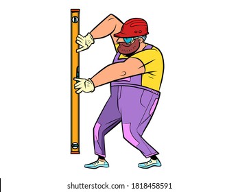 Builder with a meter level. Renovation and construction. Comics caricature illustration drawing