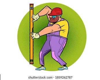 Bauer mit einem Meter-Niveau. Renovierung und Bau. Comics-Karikatur
