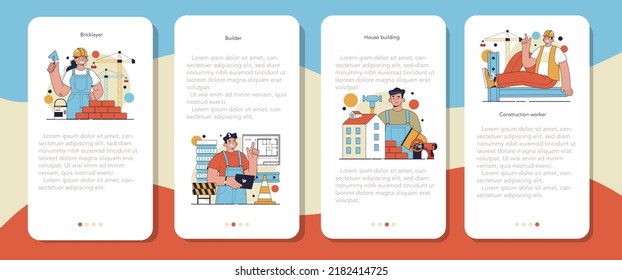 Builder mobile application banner set. Workers constructing house with tools and materials. Process of bricklaying. City construction development. Flat vector illustration