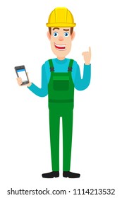 Builder with mobile phone and pointing up. Full length portrait of Cartoon Builder Character. Vector illustration in a flat style.