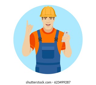 Builder with mobile phone and pointing up. Portrait of builder character in a flat style. Vector illustration.