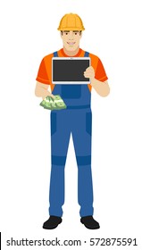 Builder with money shows blank digital tablet. Full length portrait of builder in a flat style. Vector illustration.