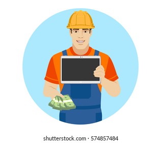 Builder with money shows blank digital tablet. Portrait of builder in a flat style. Vector illustration.