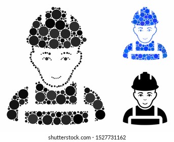 Builder mosaic of round dots in different sizes and shades, based on builder icon. Vector round dots are composed into blue mosaic. Dotted builder icon in usual and blue versions.