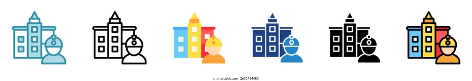 Construtor multi estilo, mini ilustração ícone conjunto. contorno, plano, glifo, cor da linha. vetor para UI, UX, aplicativo, web, digital ou impressão, relacionado à indústria, construção, engenharia civil.