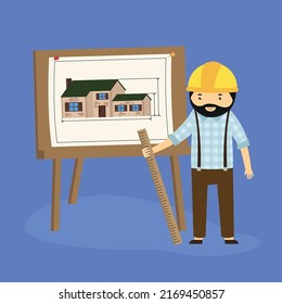 Baumeister in der Nähe von flipchart, der das Hausprojekt präsentiert