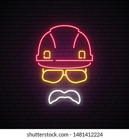 Builder neon sign. Helmet construction icon. Build and repair, construction worker sign. Vector illustration.