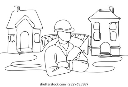 The builder on the background of the built houses and the bridge. Construction of infrastructure. Day of builder. One line drawing for different uses. Vector illustration.