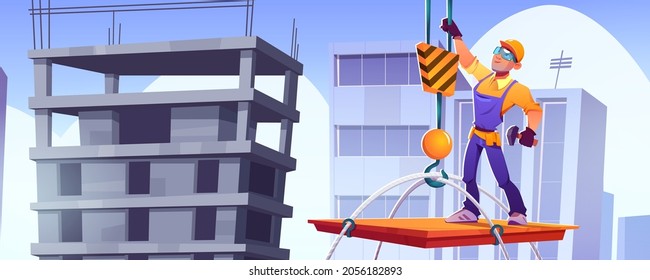 Builder on construction site, worker character in hardhat and overalls stand on platform lifting with crane up on building roof at cityscape baclground. Contractor job, Cartoon vector illustration