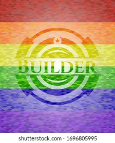 Builder on mosaic background with the colors of the LGBT flag