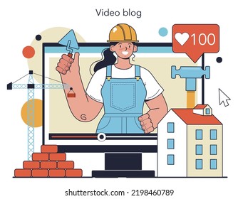 Builder online service or platform. Workers constructing house with tools and materials. Process of bricklaying. Video blog. Flat vector illustration