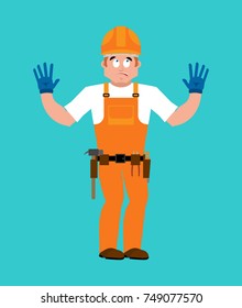 Builder oops guilty . Worker in protective helmet culpable. Service worker Serviceman apologize. Vector illustration