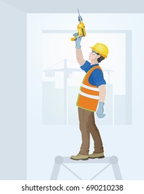 The builder in overalls with the tool in hands. Vector illustration.