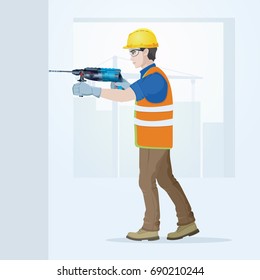 The builder in overalls with the tool in hands. Vector illustration.