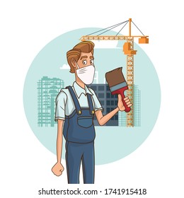 builder with paint brush using face mask for covid19 vector illustration design
