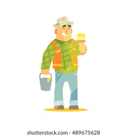 Builder With Paintbrush And Bucket On Construction Site. Graphic Design Cool Geometric Style Isolated Character On White Background