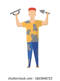 Builder. Painter. Construction worker with professional equipment during building activity. Vector illustration. Professional construction worker character